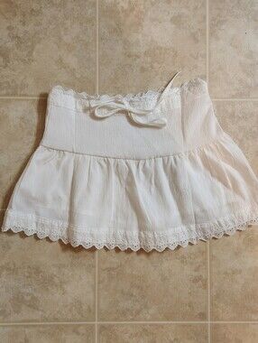 White Mini Tie Skirt With Lace Eyelet Trim